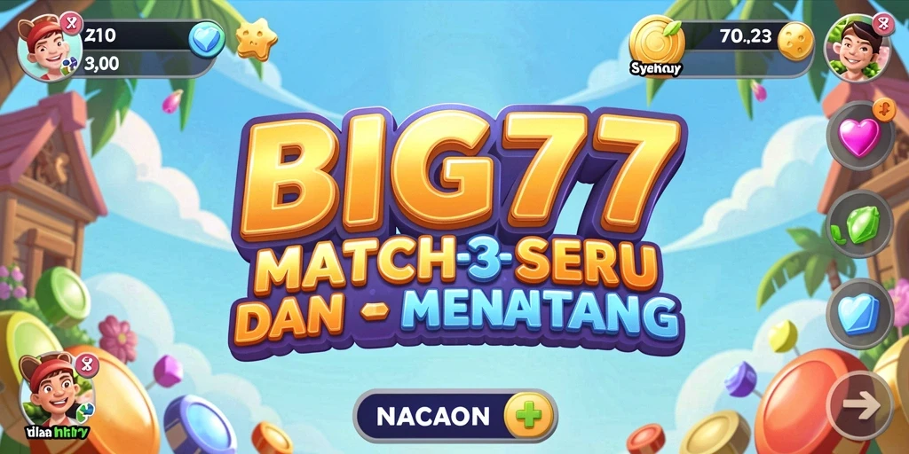 Tampilan gameplay BIG77 yang cerah dan penuh warna di level Match-3.
