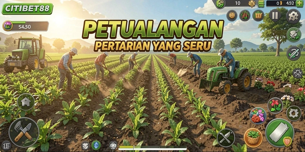 Screenshot gameplay CITIBET88 menampilkan kebun yang indah dan hewan ternak.
