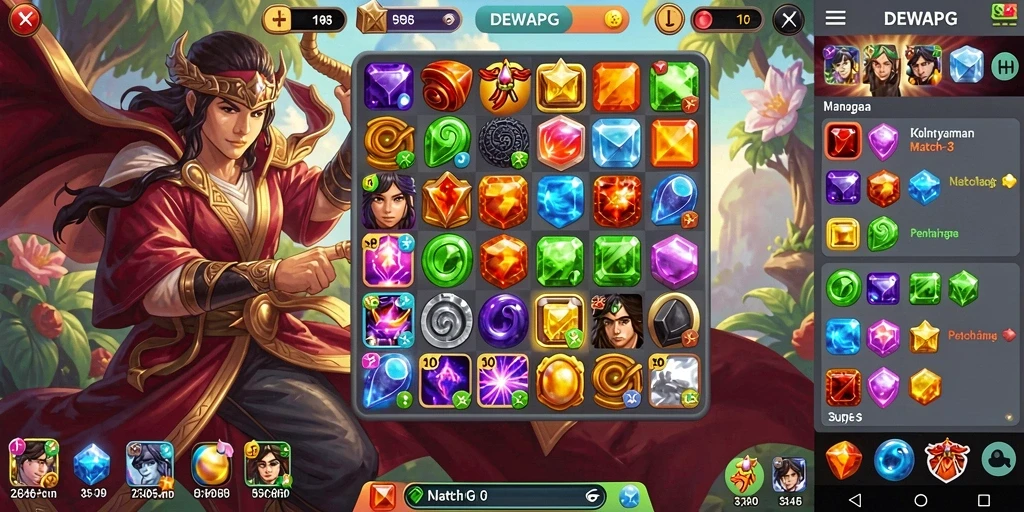 Gameplay Match-3 seru dengan berbagai permata berwarna-warni.