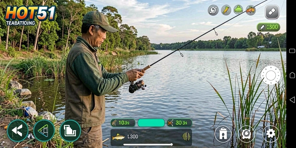 Tampilan gameplay HOT51 menampilkan grafik realistis saat memancing ikan.