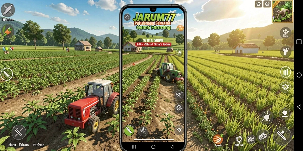 Screenshot gameplay JARUM77 menampilkan ladang hijau yang subur dan berbagai aktivitas bertani.