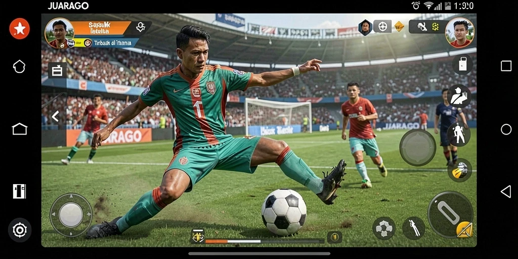 Tampilan menarik dari gameplay JUARAGO dengan aksi sepak bola seru.