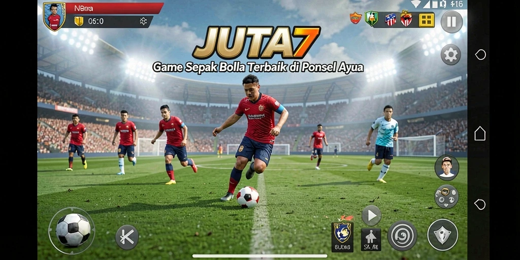 Tangkapan layar utama JUTA7 menampilkan aksi seru dalam pertandingan sepak bola.