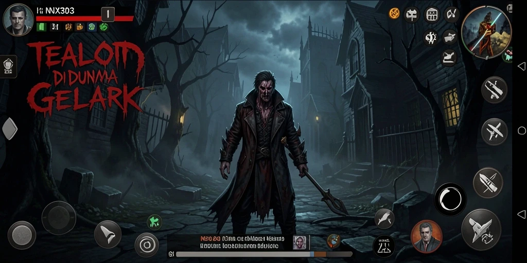 Screenshot gameplay NX303 menampilkan suasana mencekam dan karakter menakutkan.