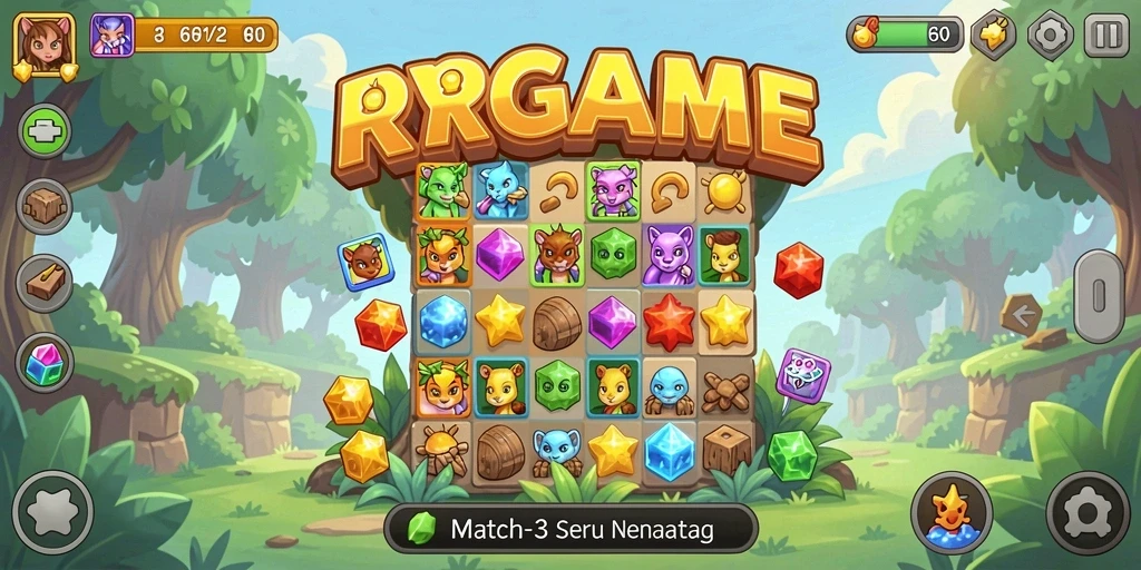 Screenshot gameplay RPGAME menampilkan aksi mencocokkan permata yang seru.
