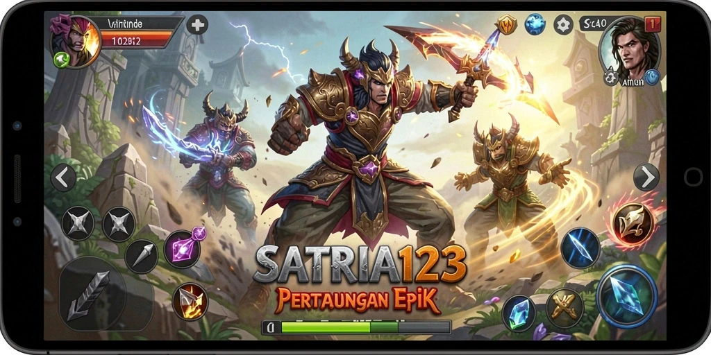 Screenshot SATRIA123 menampilkan pertarungan seru di dunia fantasi.