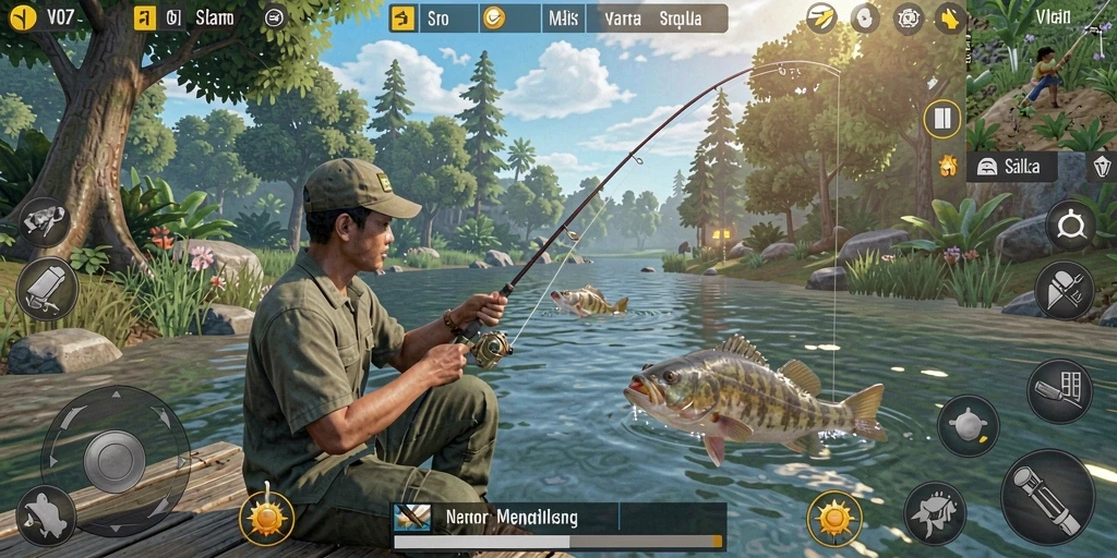Tampilan gameplay V07 yang menarik saat menangkap ikan di danau.